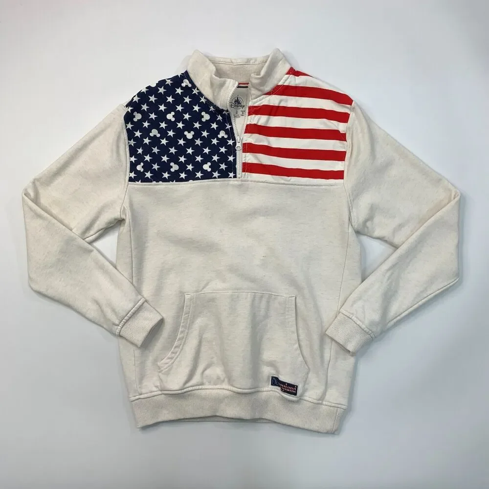 Disney USA Flag Sweater Mens S Small Cream Quarter Zip Patriotic Mickey Mouse